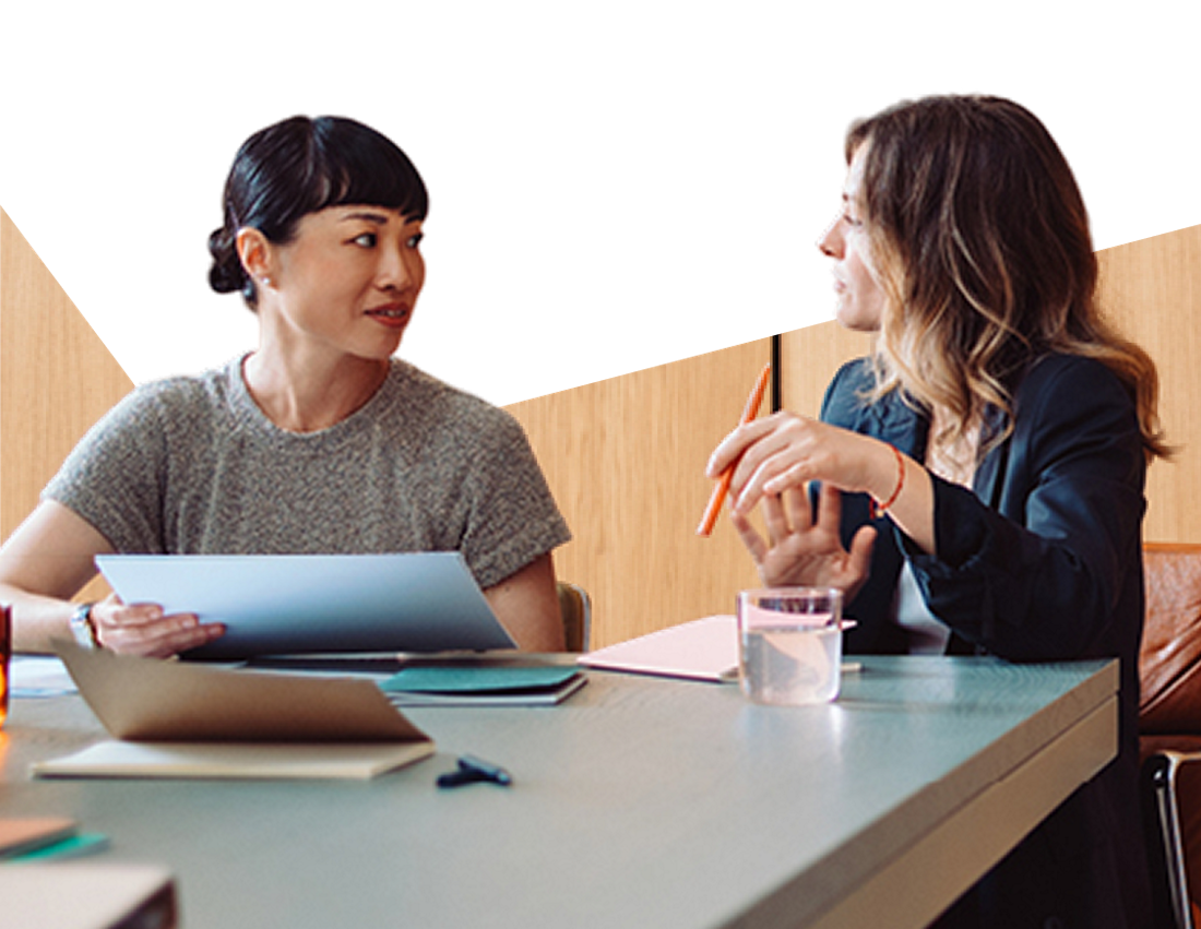 Photo of two professionals discussing our product booklets