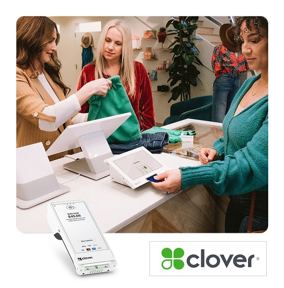 Photo of a payment terminal with the Clover logo