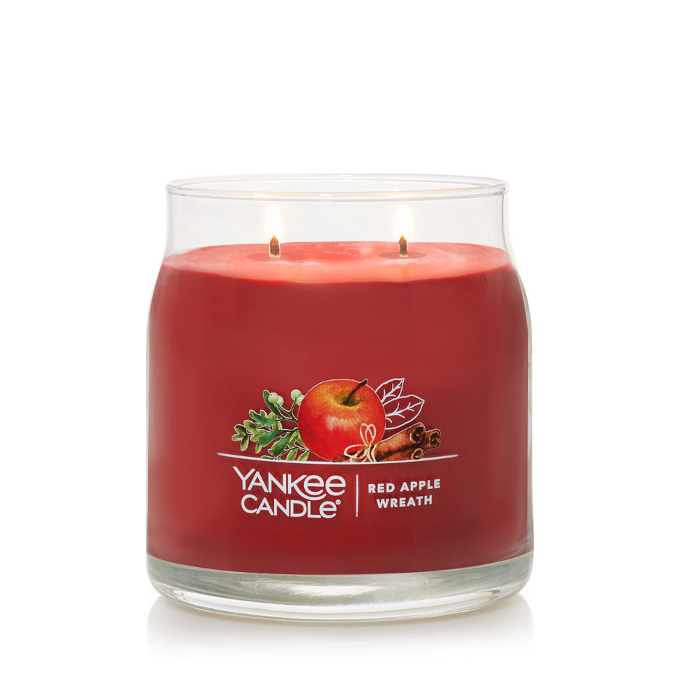 burning red apple wreath signature jar candle