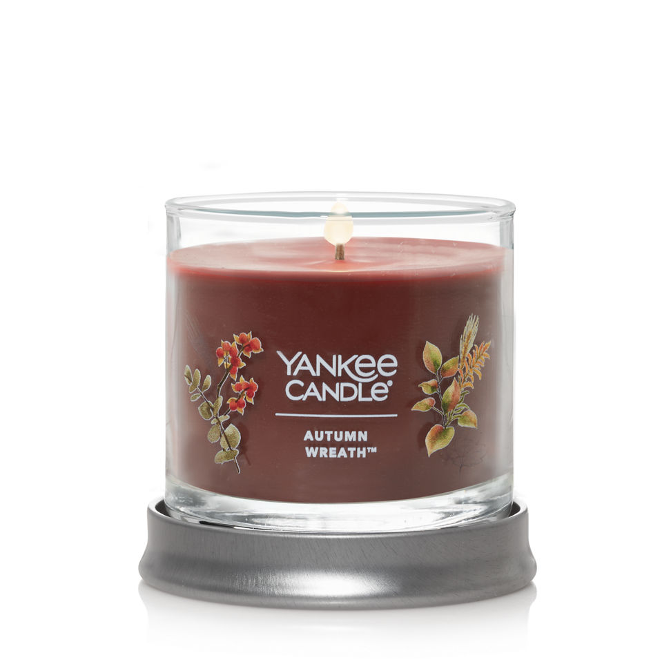 signature autumn wreath small tumbler candle lit with base as coaster