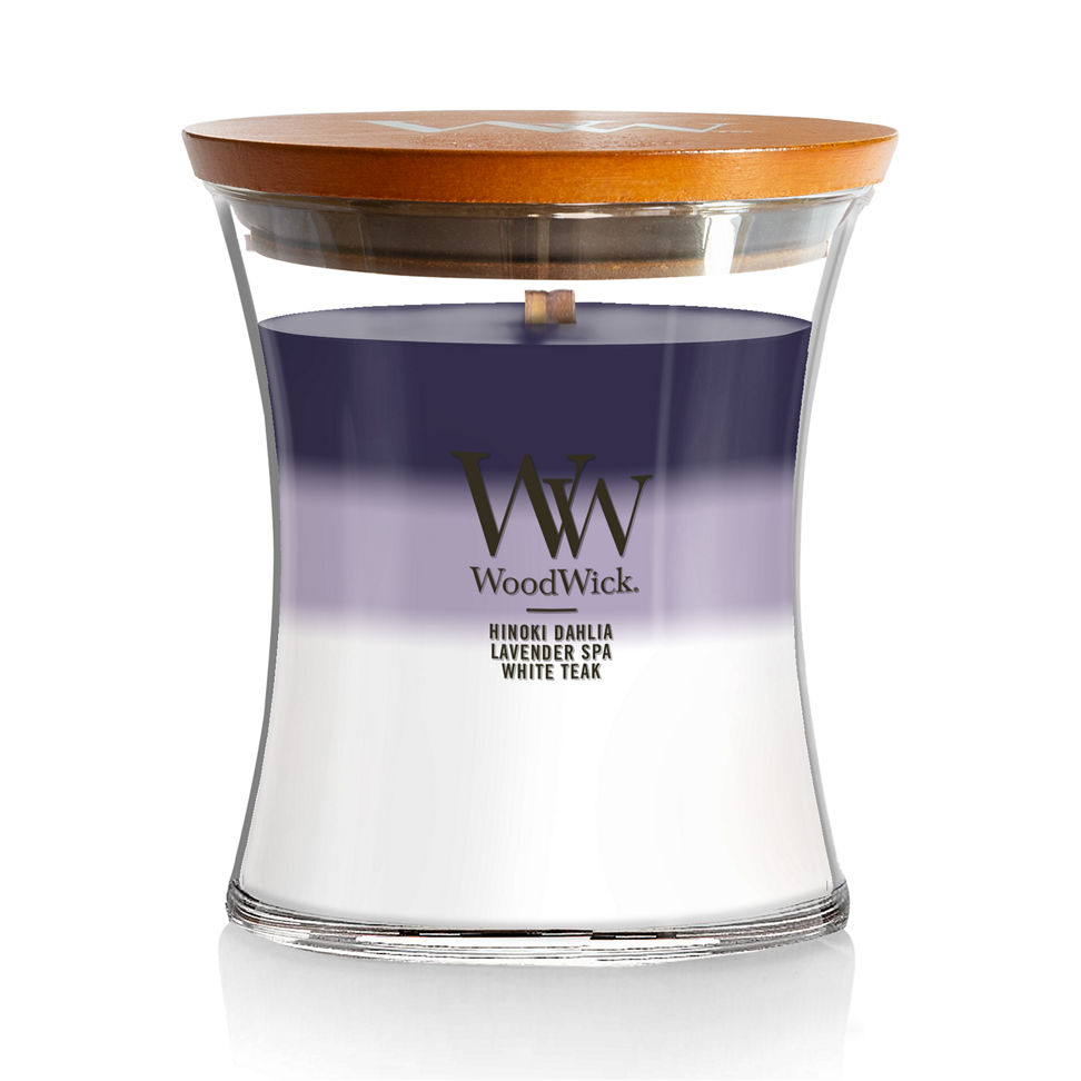 woodwick medium hourglass trilogy candle with hinoki dahlia lavender spa and white teak
