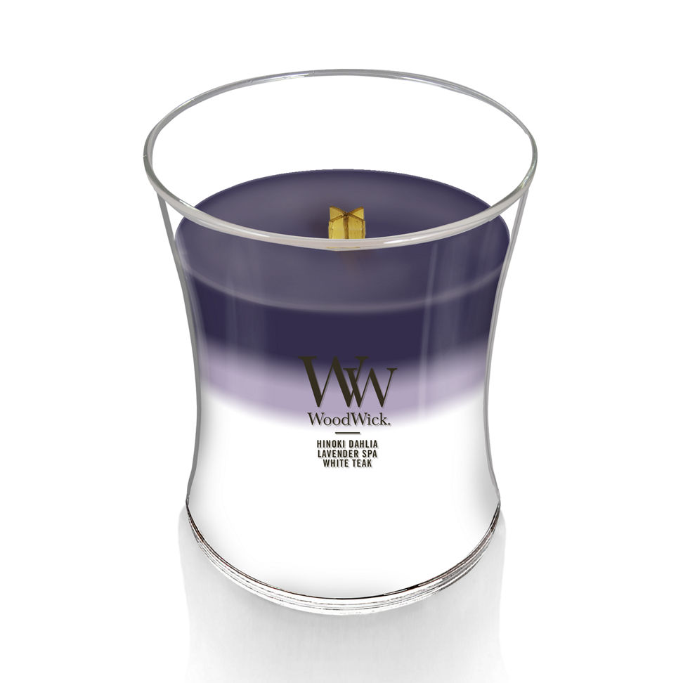 woodwick medium hourglass trilogy candle with hinoki dahlia lavender spa and white teak