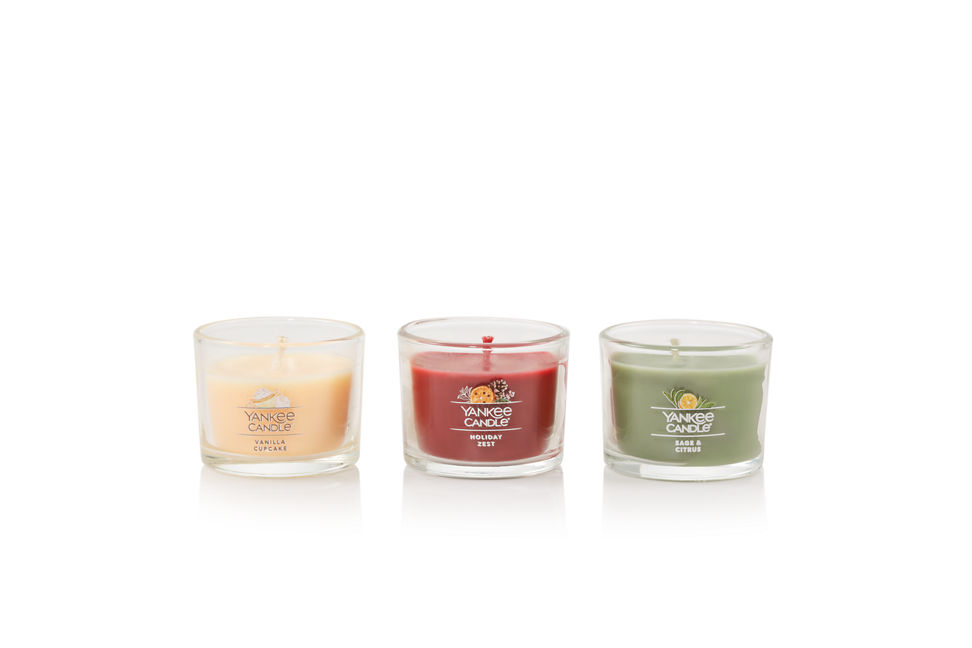 Vanilla Cupcake Yankee Candle Mini, Holiday Zest Yankee Candle Mini, and Sage & Citrus Yankee Candle Mini