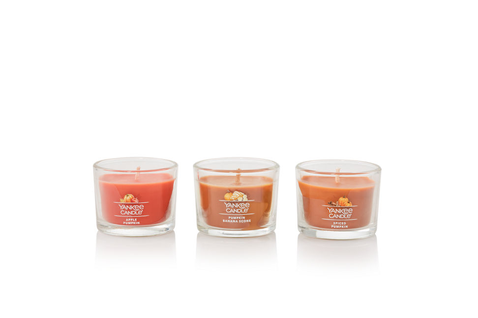 Apple Pumpkin Yankee Candle Mini, Pumpkin Banana Scone Yankee Candle Mini, and Spiced Pumpkin Yankee Candle Mini