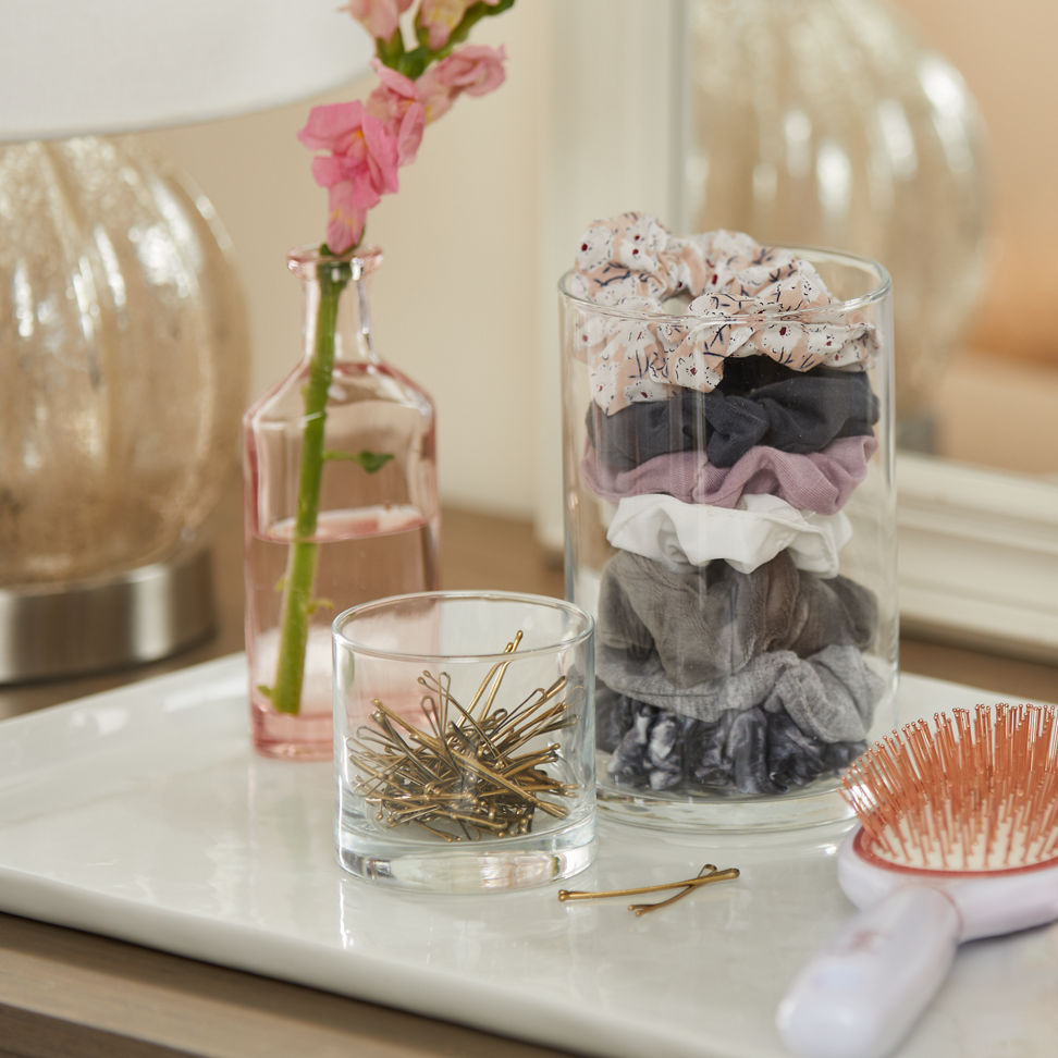 signature large tumbler candle upcycled into scrunchie container with signature small tumbler candle upcycled into bobby pin container