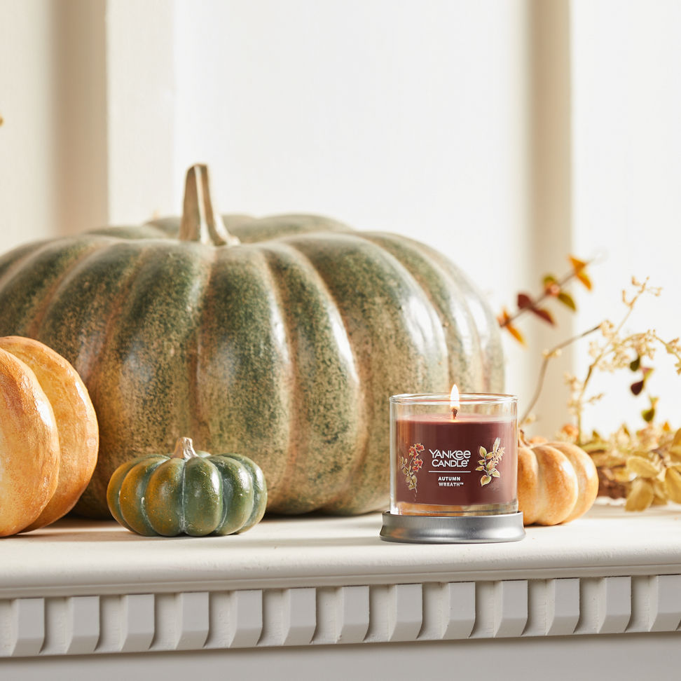 autumn wreath signature small tumbler candle on mantle