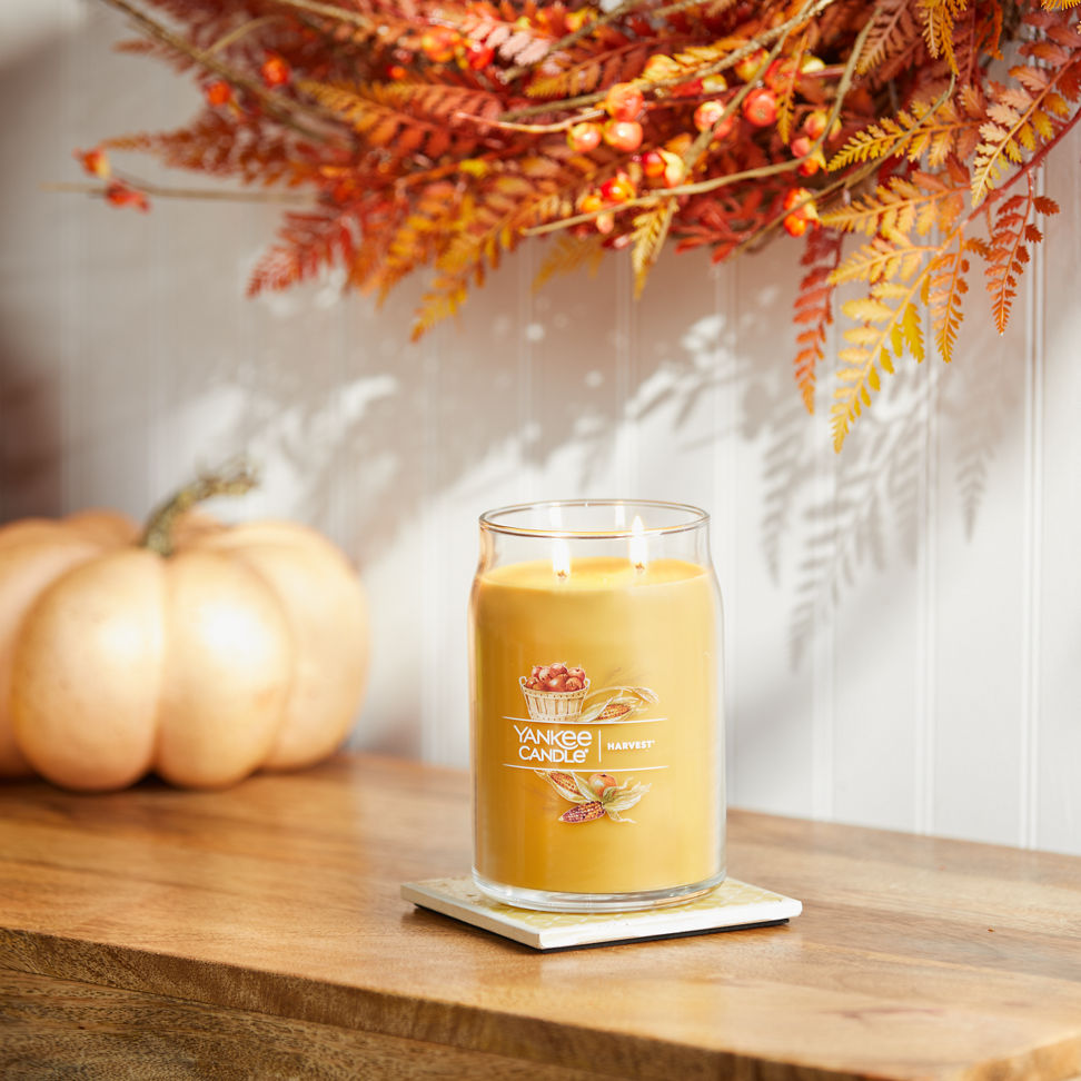 harvest signature large jar candle on table