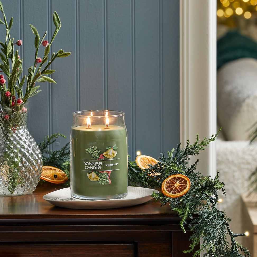 mistletoe signature large jar candle on table
