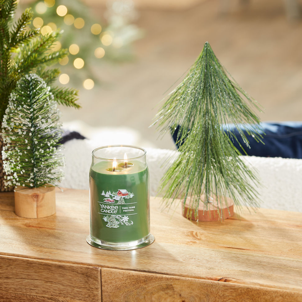 tree farm festival signature large jar candle on table