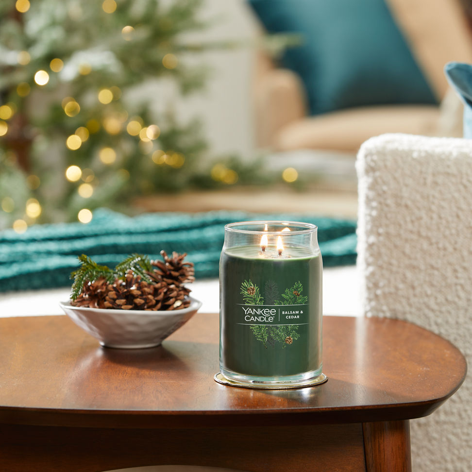balsam and cedar signature large jar candle on table