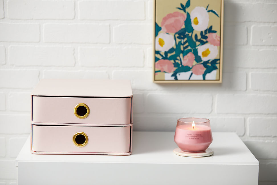fresh cut roses studio collection large jar candle on dresser