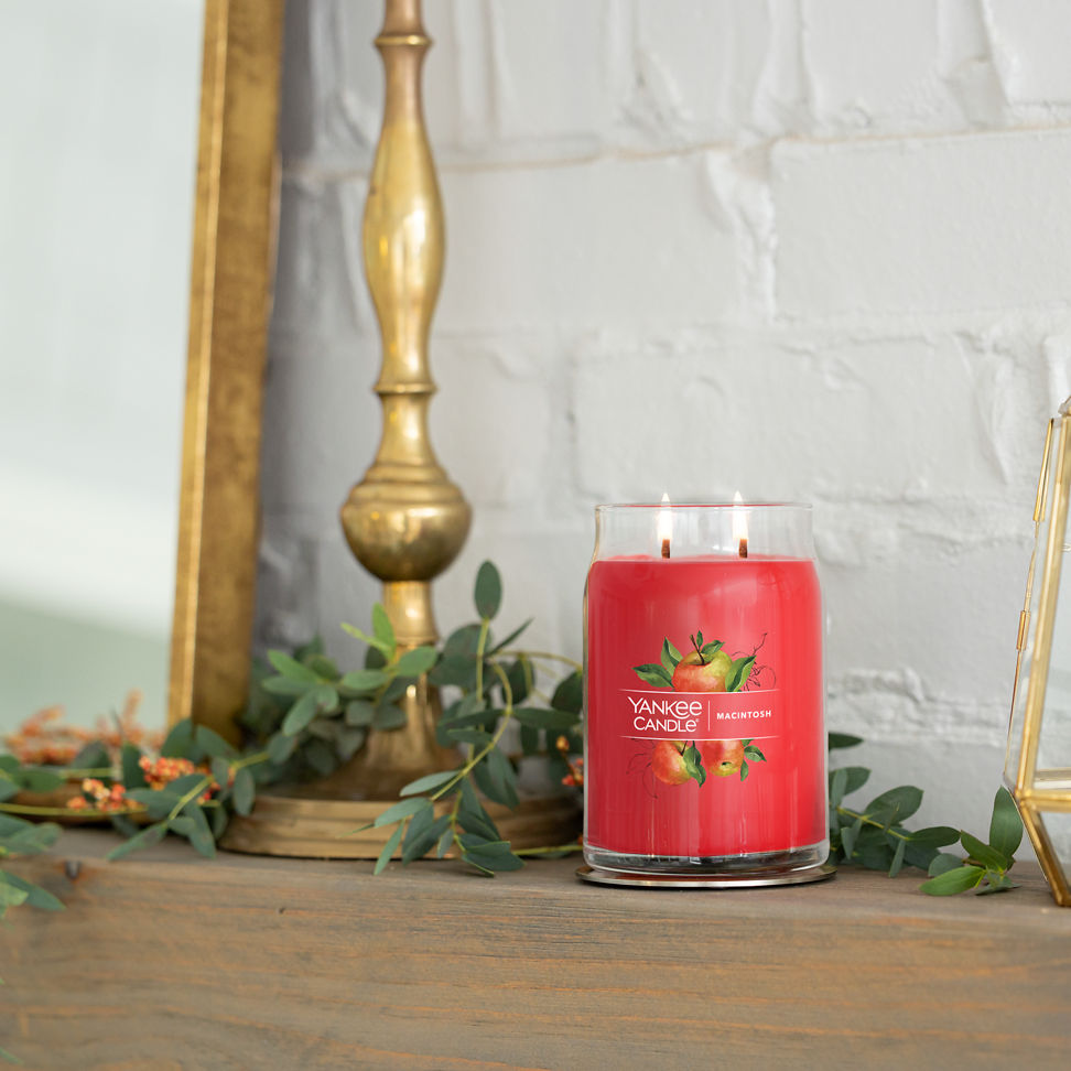 macintosh signature large jar candle on shelf