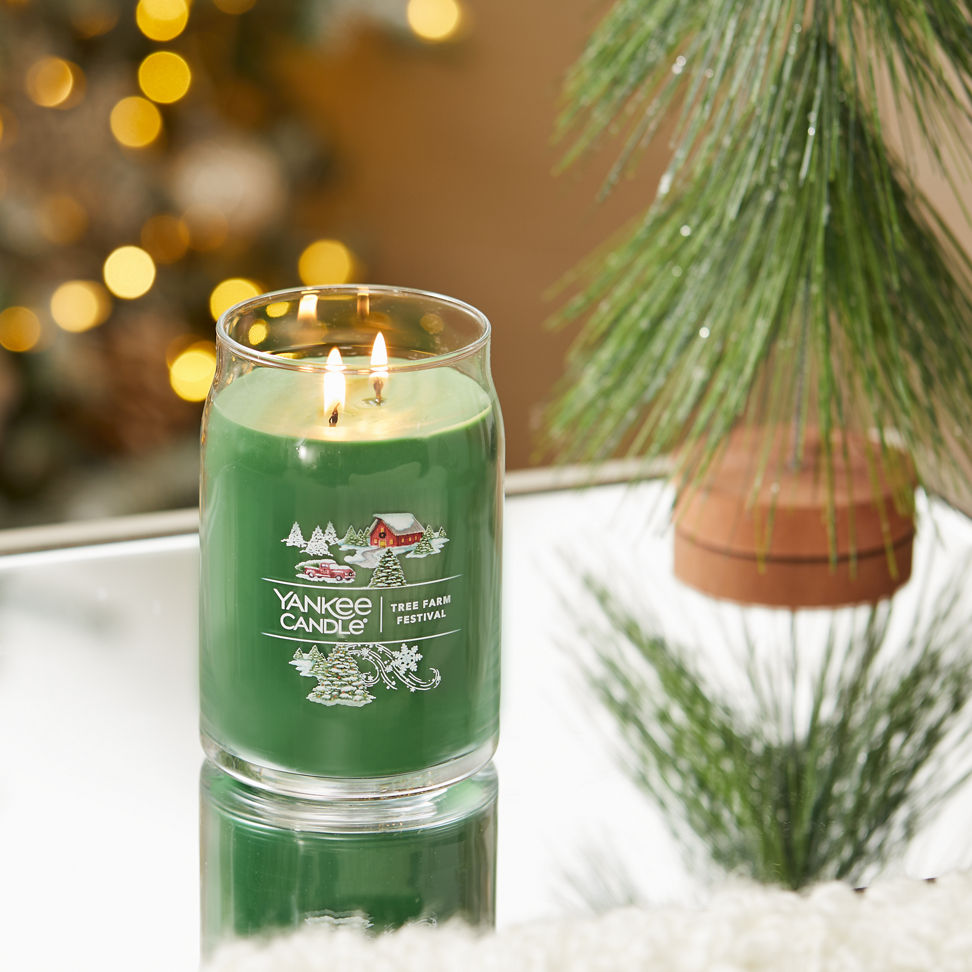 tree farm festival signature large jar candle on table