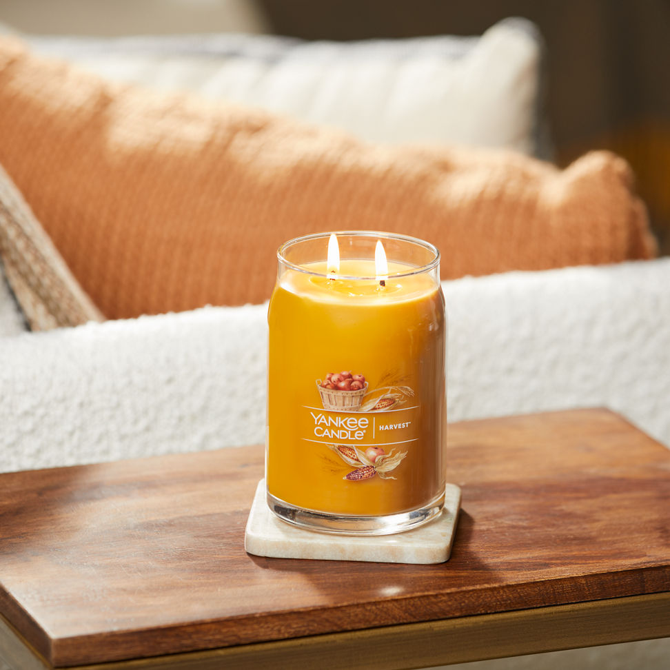 harvest signature large jar candle on table