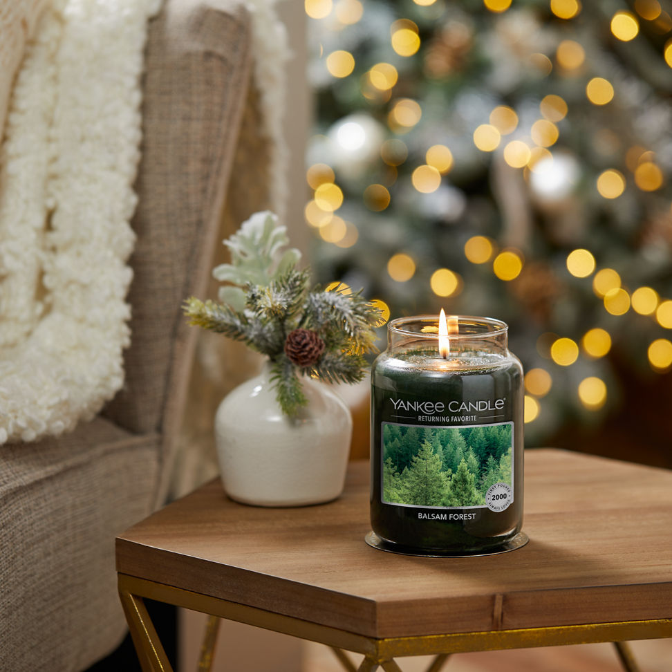 balsam forest original large jar candle on table
