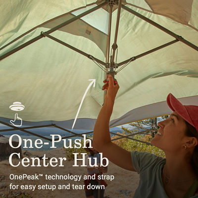 One push center hub, one peak technology and strap for easy setup and tear down