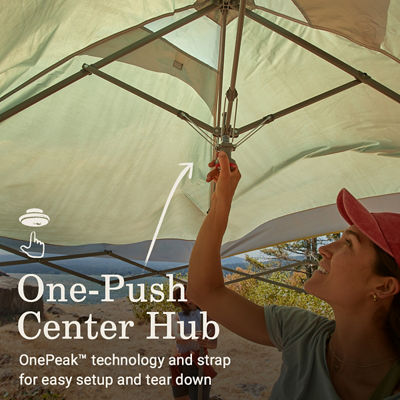 One push center hub, one peak technology and strap for easy setup and tear down