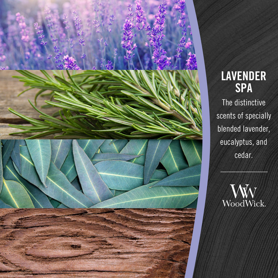 photo collage illustrating woodwick lavender spa fragrances of lavender, eucalyptus and cedar