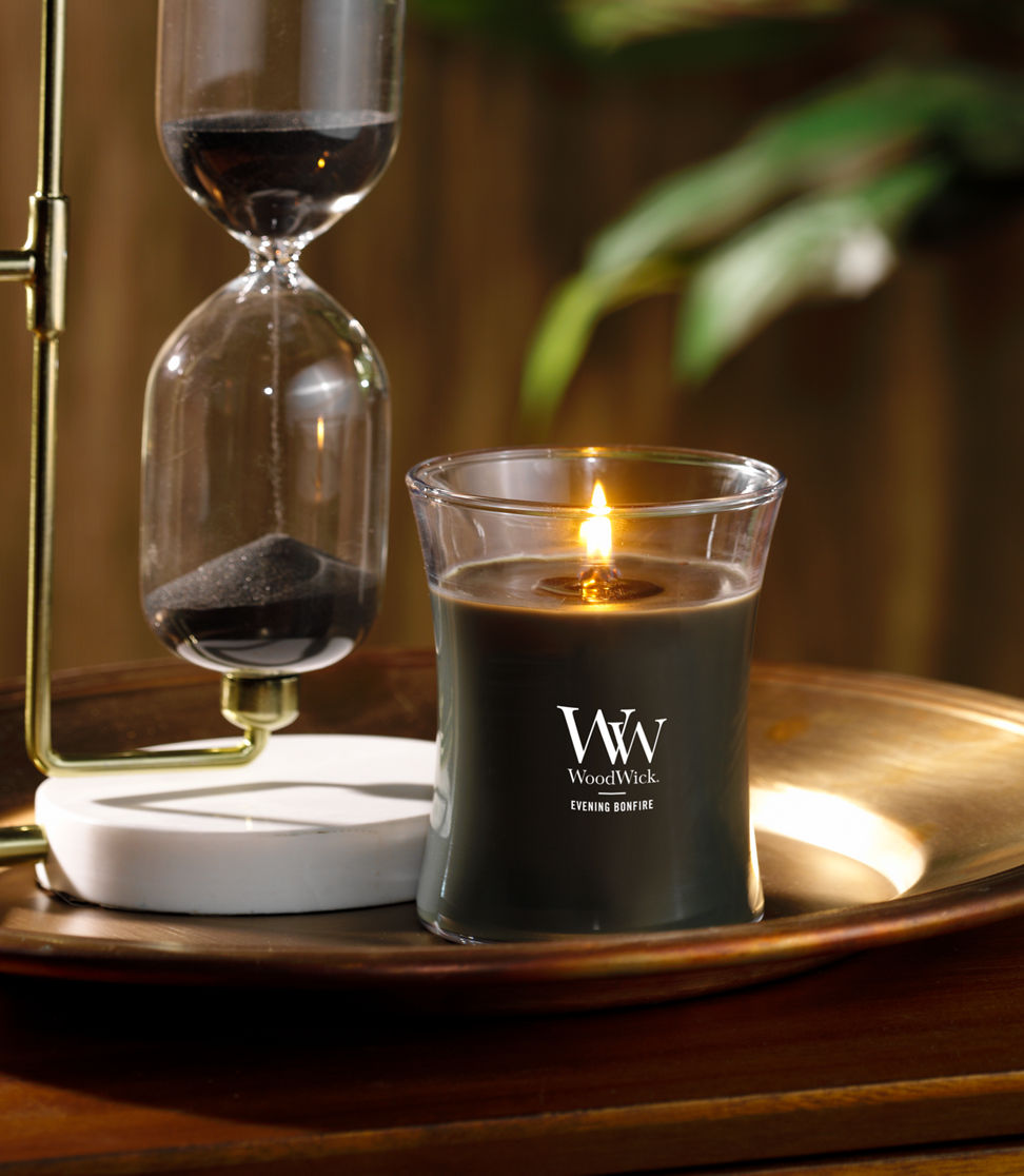 evening bonfire medium hourglass candle on tray