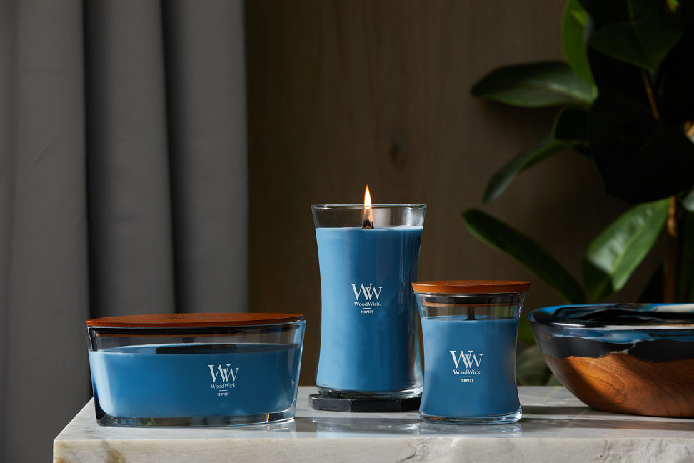 three tempest woodwick candles with bowl and plant on stone table