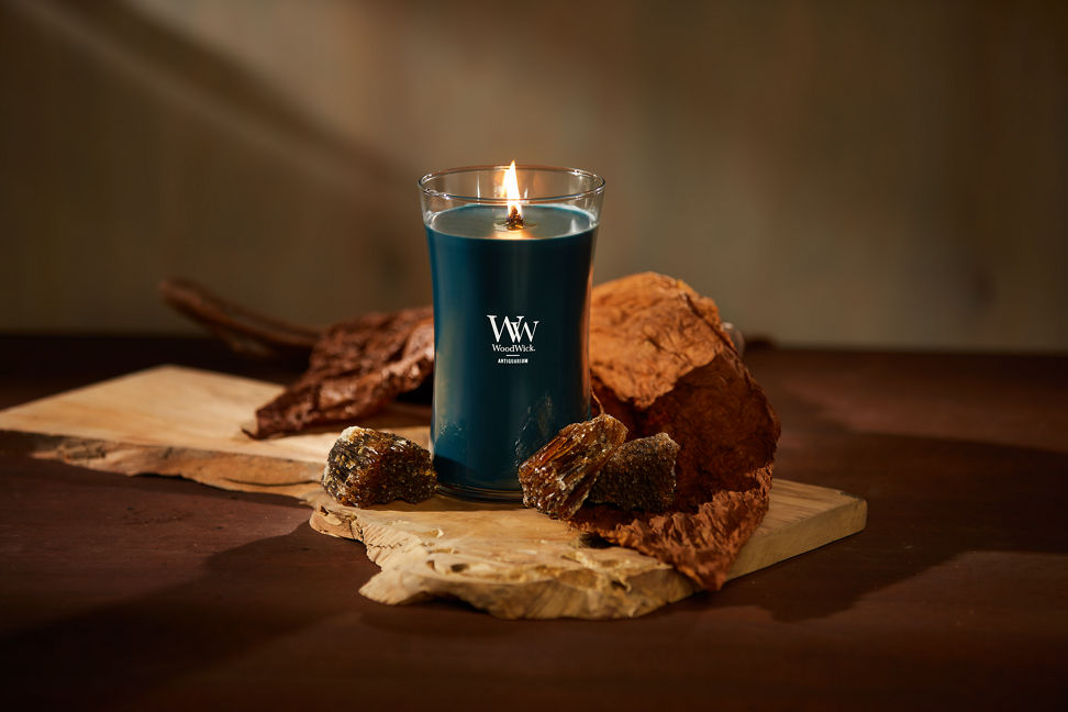 WoodWick Enchanted Destinations Collection Antiquarium Large Hourglass Candle on a table