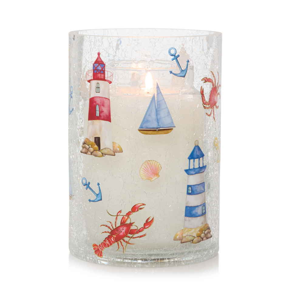 Sailboats crackle glass Jar Candle Holder with a white-colored Original Large Jar Candle inside