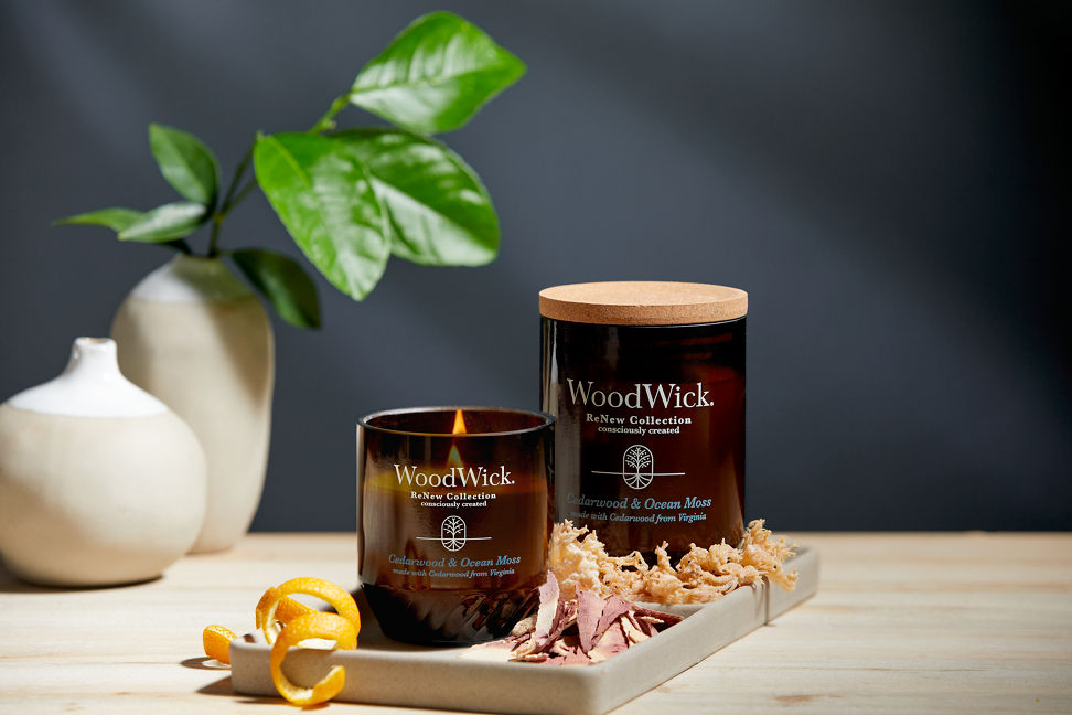 WoodWick Renew Collection Cedarwood & Ocean Moss Medium Candle and Cedarwood & Ocean Moss Large Candle on a wood table