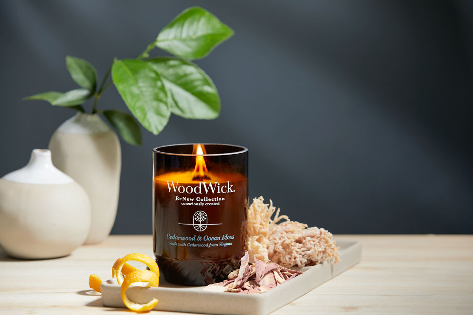 WoodWick ReNew Collection Cedarwood & Ocean Moss Large Candle on a table