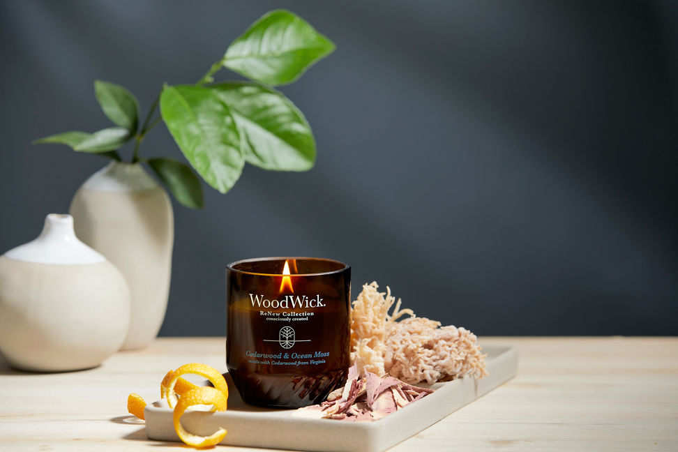 WoodWick ReNew Collection Cedarwood & Ocean Moss Medium Candle on a table