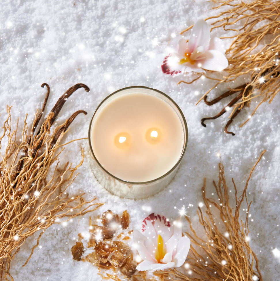Apres Ski Collection Vanilla Flurries Signature Large Tumbler Candle in snow surrounded by vanilla and a flower