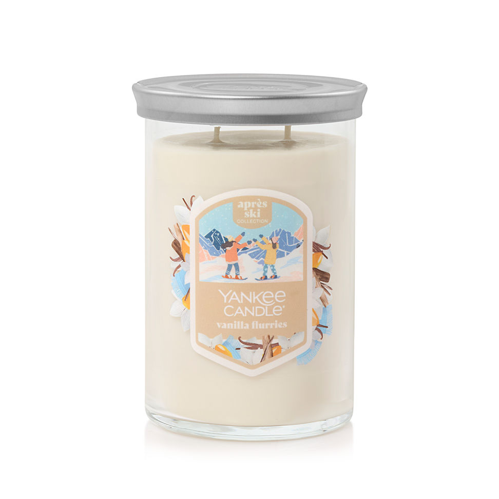 large tumbler candle with lid in vanilla flurries