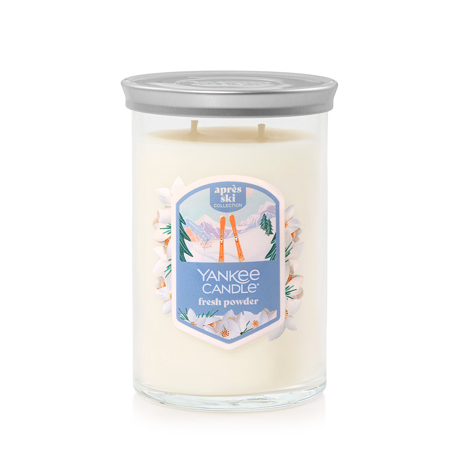 large tumbler candle with lid in fresh powder