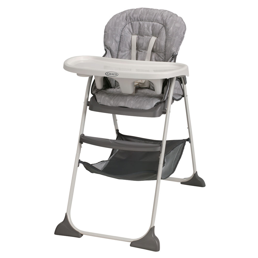 Slim Snacker highchair with white tray and grey fabric seat on white background.