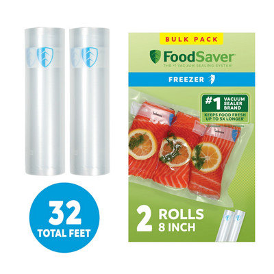 FoodSaver Vacuum Sealer Rolls, 2 Pack 8" x 16' Rolls, BPA-Free Custom Size Freezer Bags for Food Storage, Sous Vide, and Meal Prep
