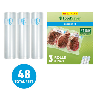 FoodSaver Vacuum Sealer Rolls, 3 Pack 8" x 16' Rolls, BPA-Free Custom Size Freezer Bags for Food Storage, Sous Vide, and Meal Prep