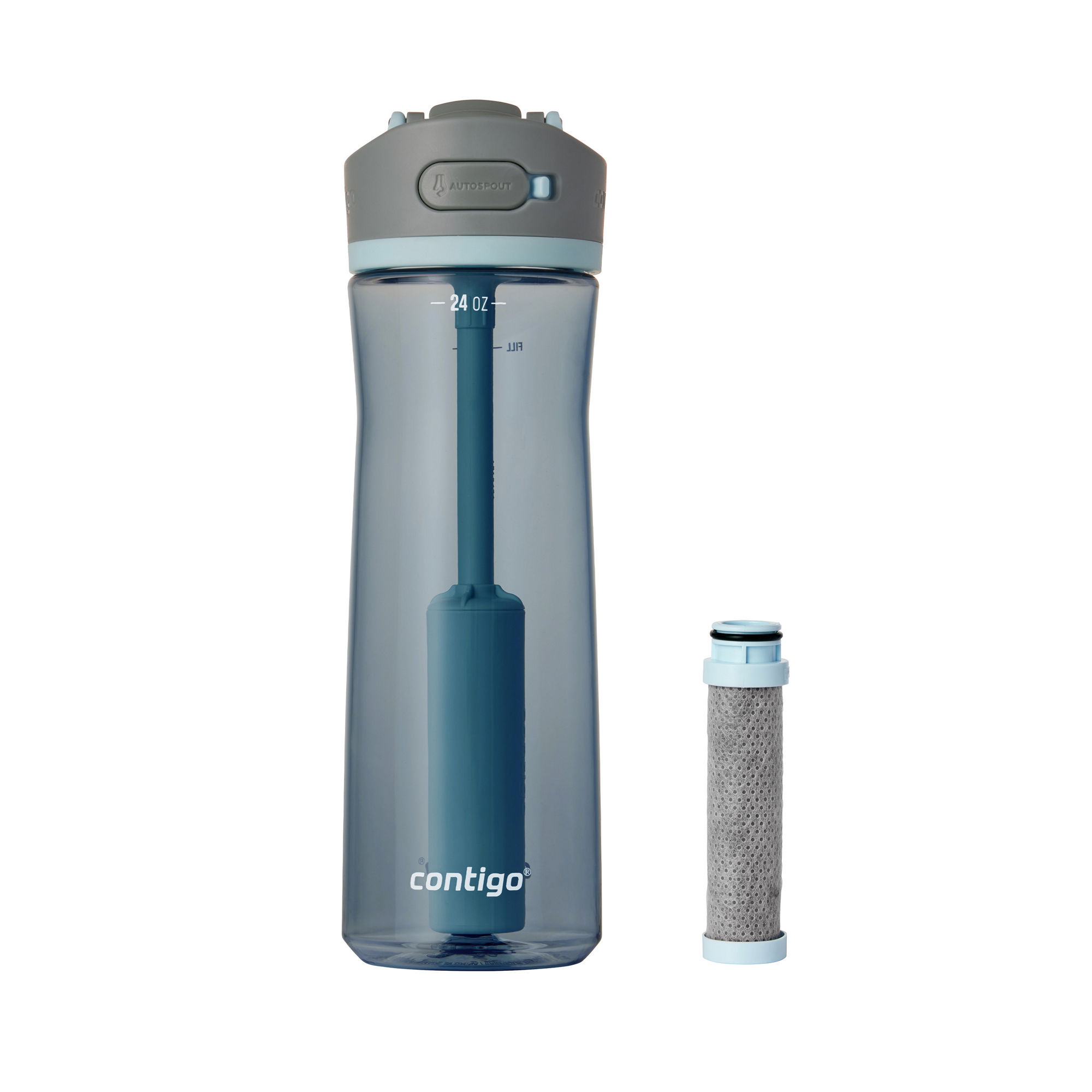 Contigo® Wells Plastic Filter Water Bottle with AUTOSPOUT® Straw Lid and Replacement Filter | 24 Oz. | Dark Ice & Purity | Cup Holder