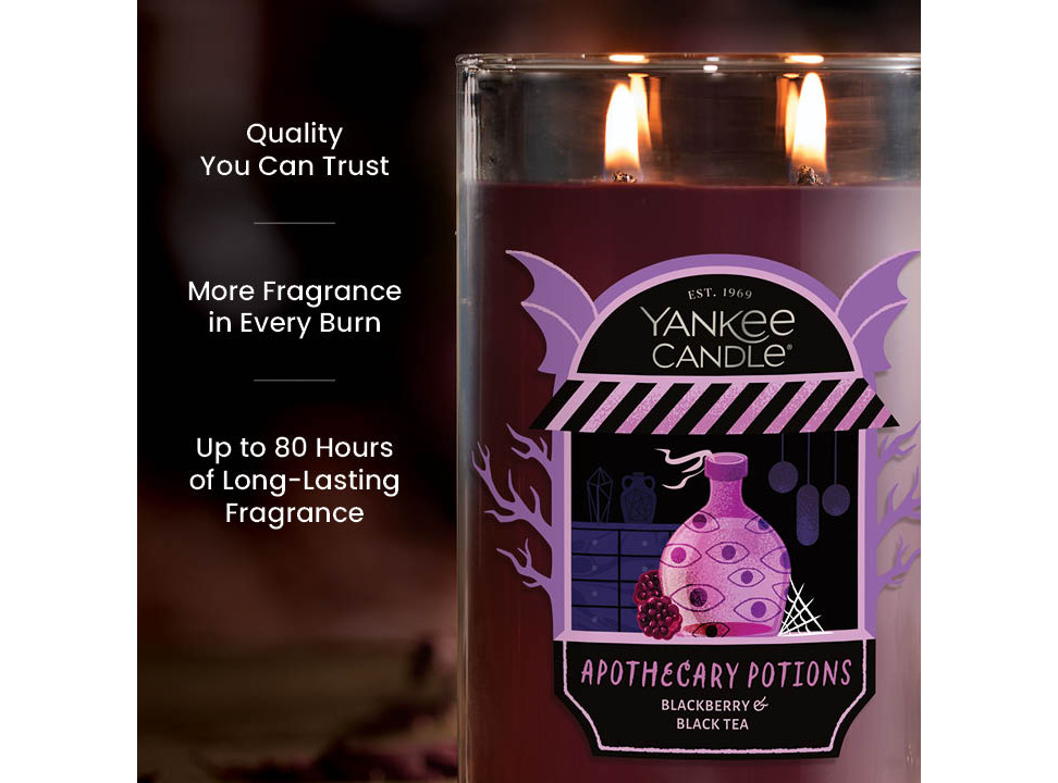 Large purple scented candle with two wicks and apothecary label, text highlights long-lasting fragrance benefits