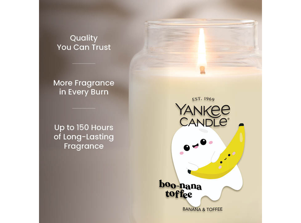 Large jar candle with cute ghost and banana design, long-lasting burn, premium home fragrance, quality guaranteed