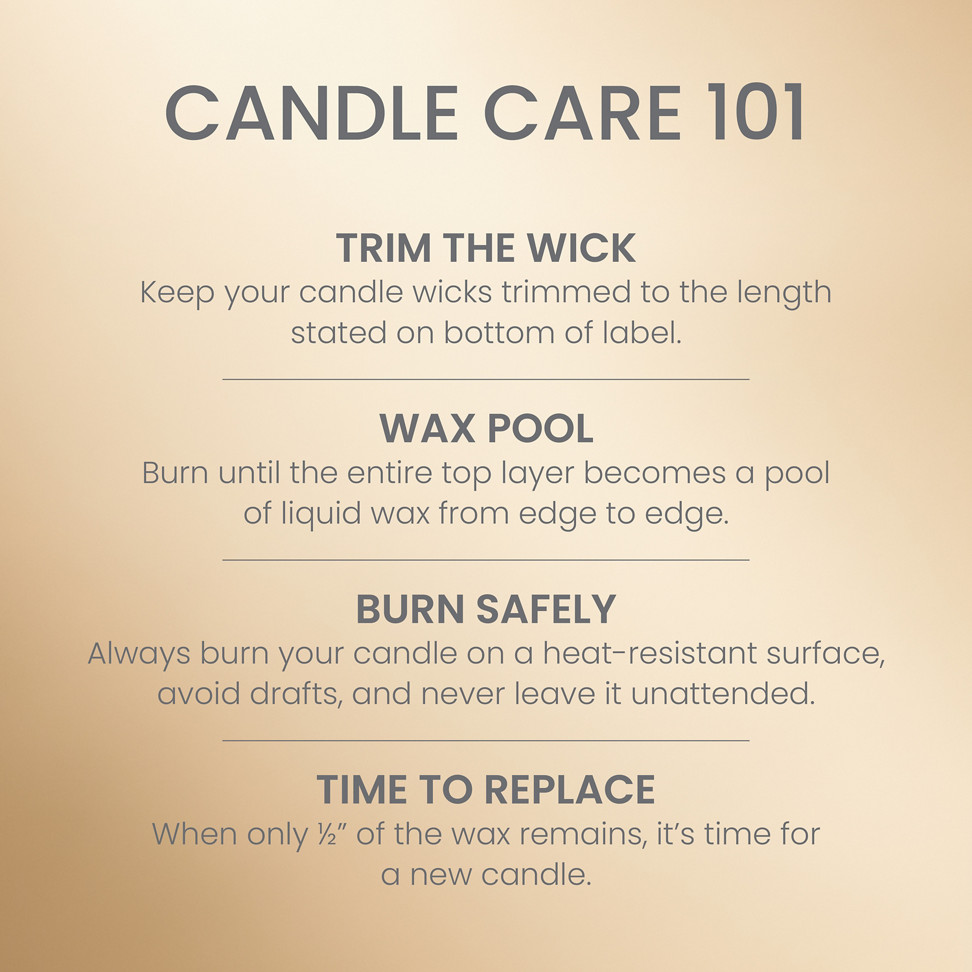 Candle care tips guide with burn safety, wick trimming, wax pool advice, and replacement instructions shown.