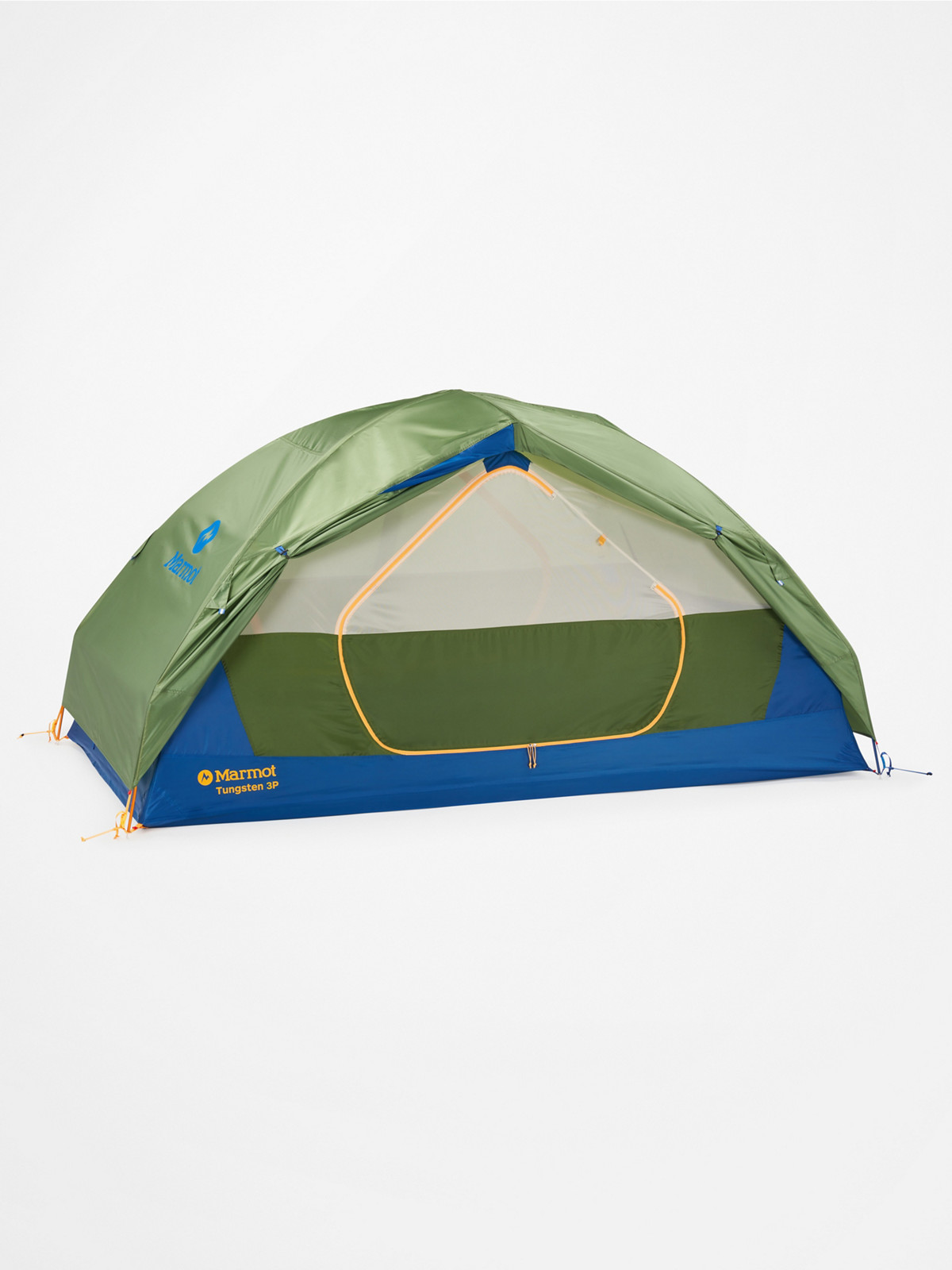Marmot tungsten 3 person tent with green rain fly tied back