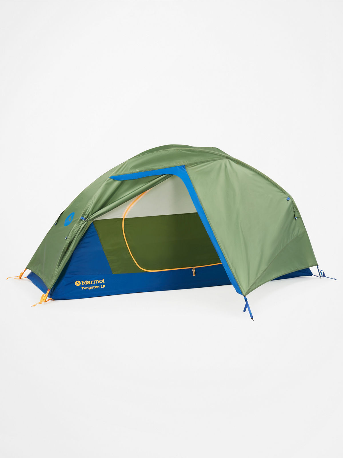 Marmot tungsten 1 person tent with green rain fly tied back