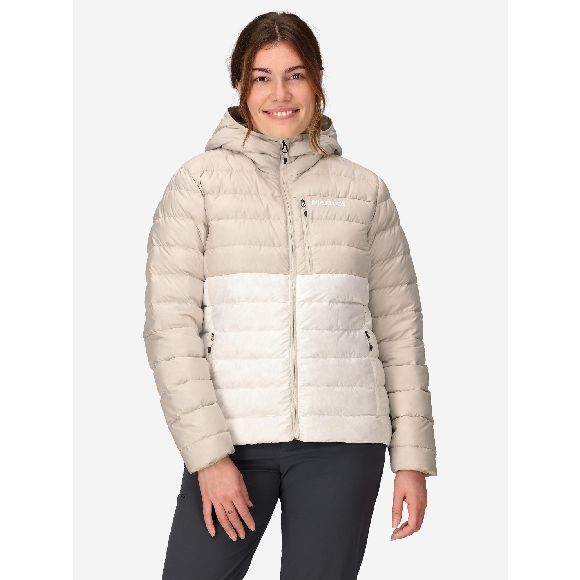 Marmot Women's Highlander Down Hoody in Birch Bark/Pearl