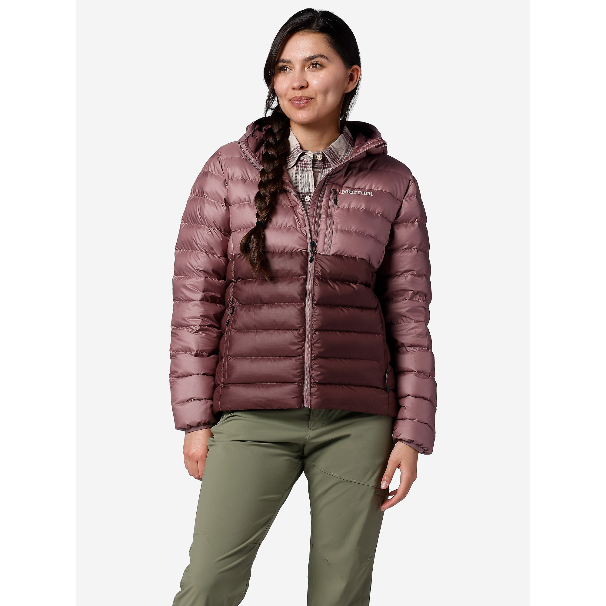 Marmot Women's Highlander Down Hoody in Light Mauve/Black Plum