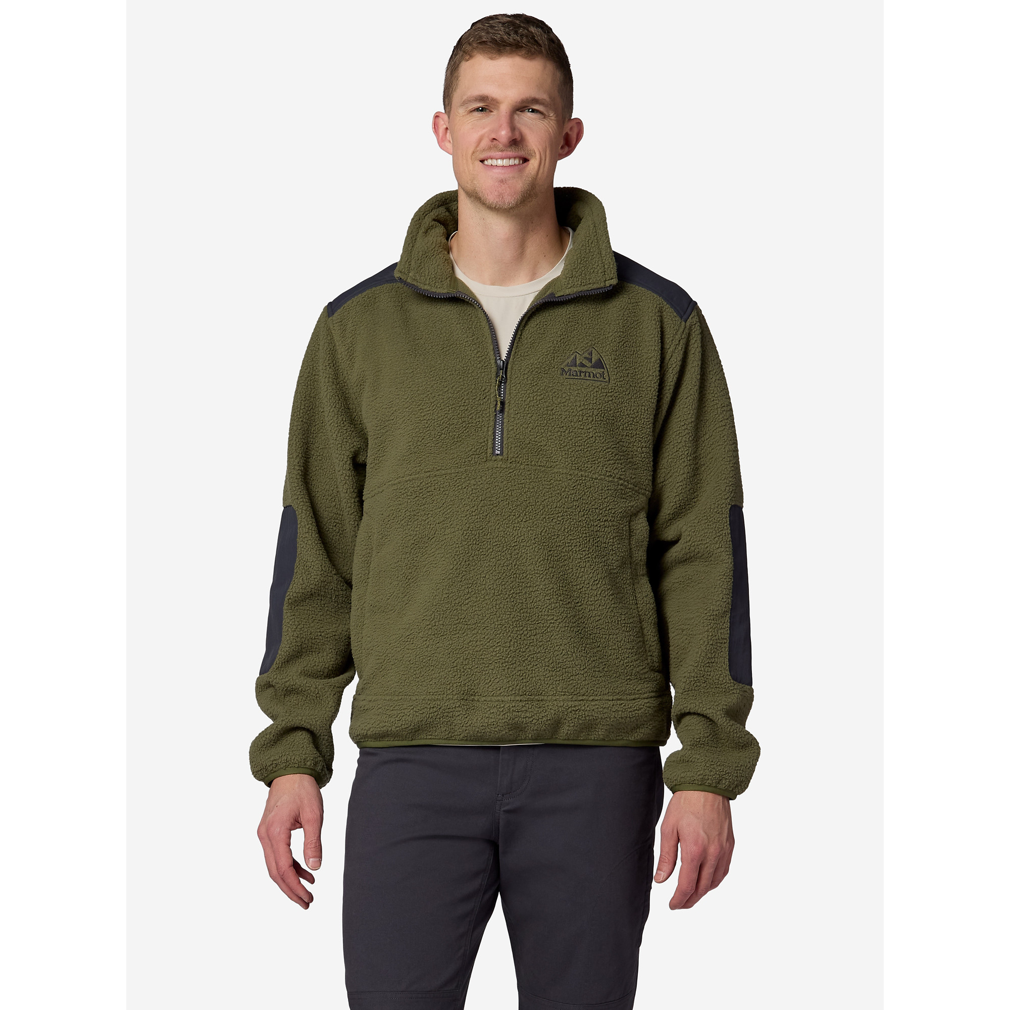 Marmot Men’s Wanderer High-Pile Fleece Quarter-Zip Shirt in Surplus Green/Blackened