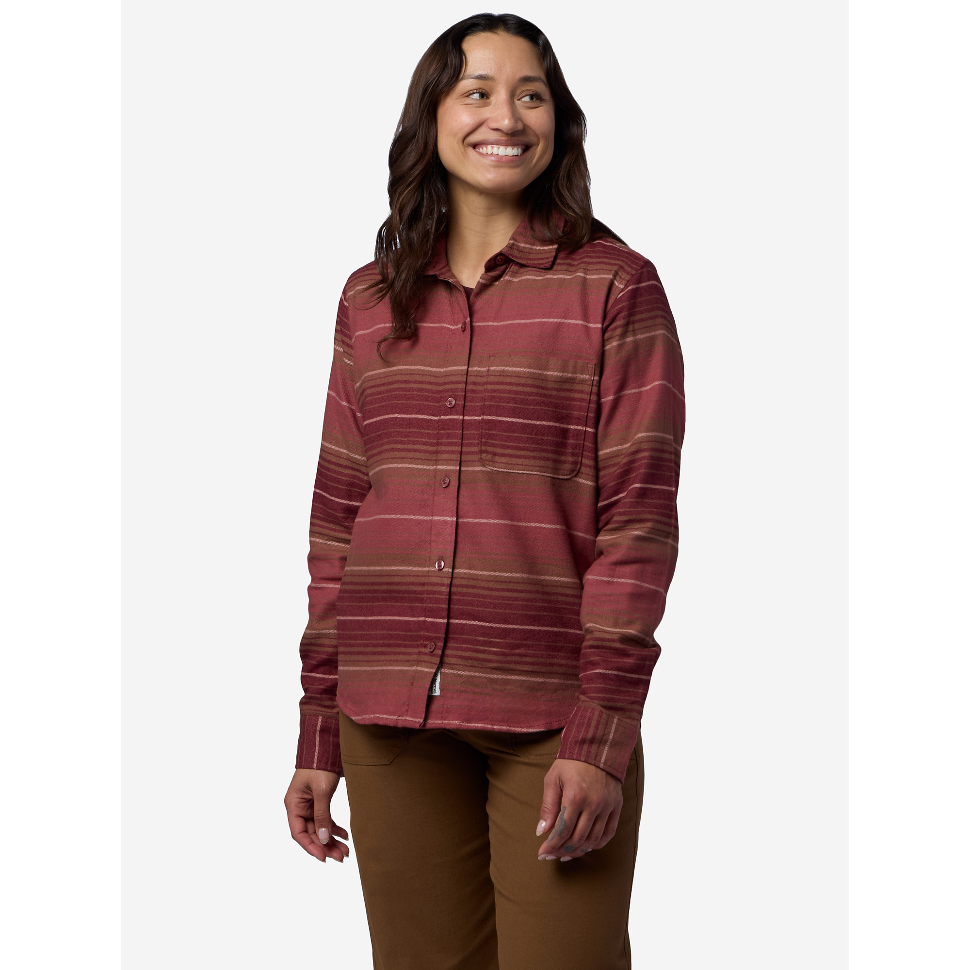 Marmot Women's Rush Creek Lightweight Flannel Long-Sleeve Shirt in Praline Stripe | Cotton