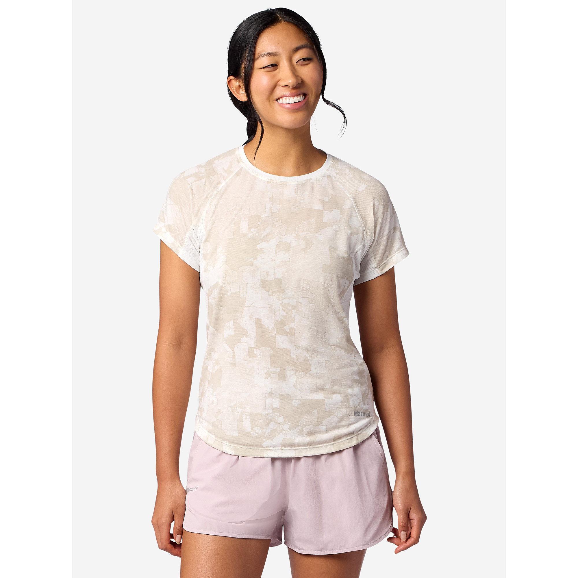 Marmot Women's Uptrail Active Short-Sleeve Shirt (Spring 2026) in Birch Bark Map Camo