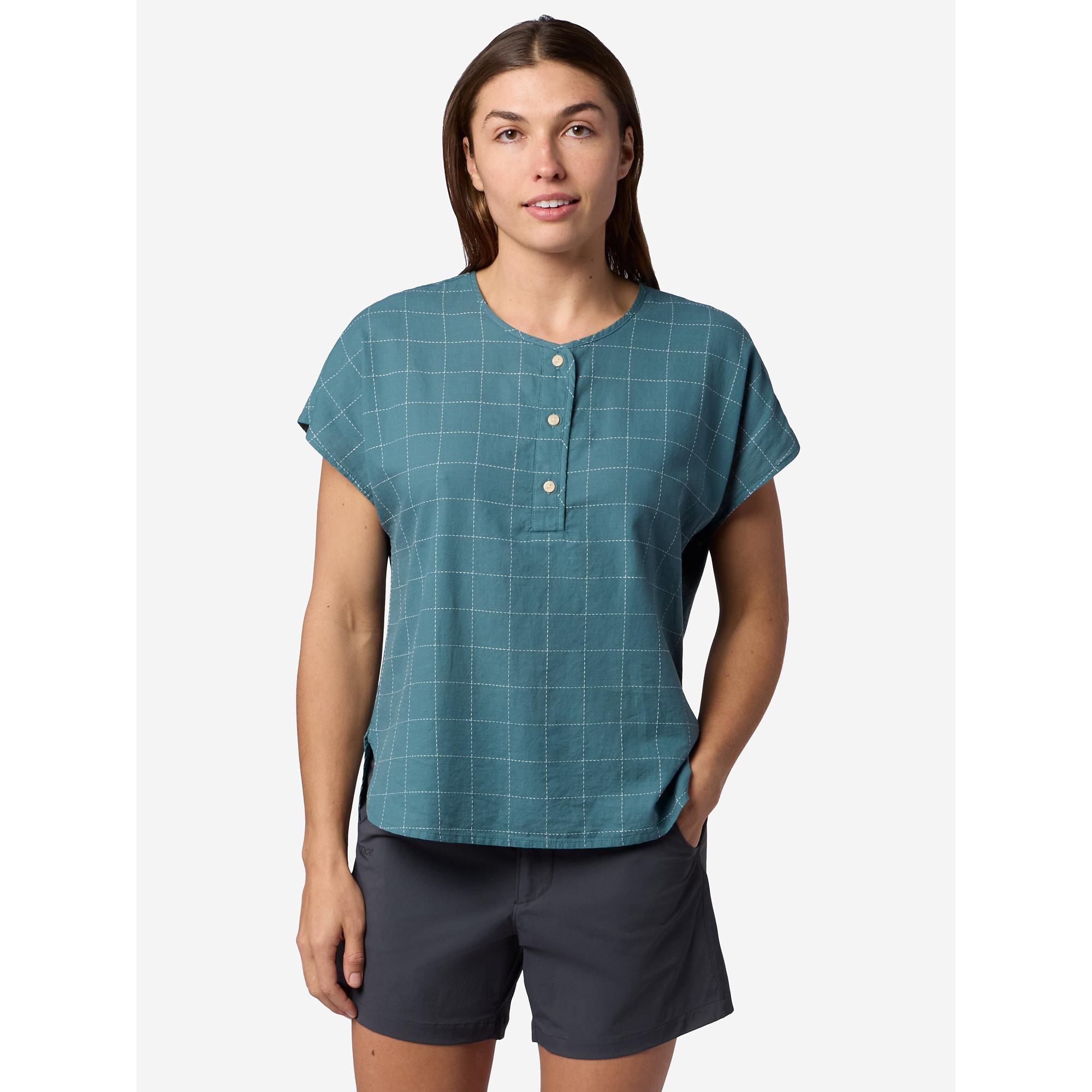 Marmot Women's Rhea Short-Sleeve Henley (Spring 2026) in Seafloor Global Plaid | Organic Cotton