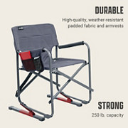 Close-up details and specifications of the gray rocking chair.
