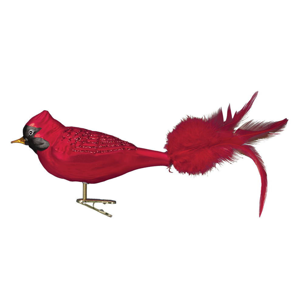 clip on ornament of red bird with feathered tail