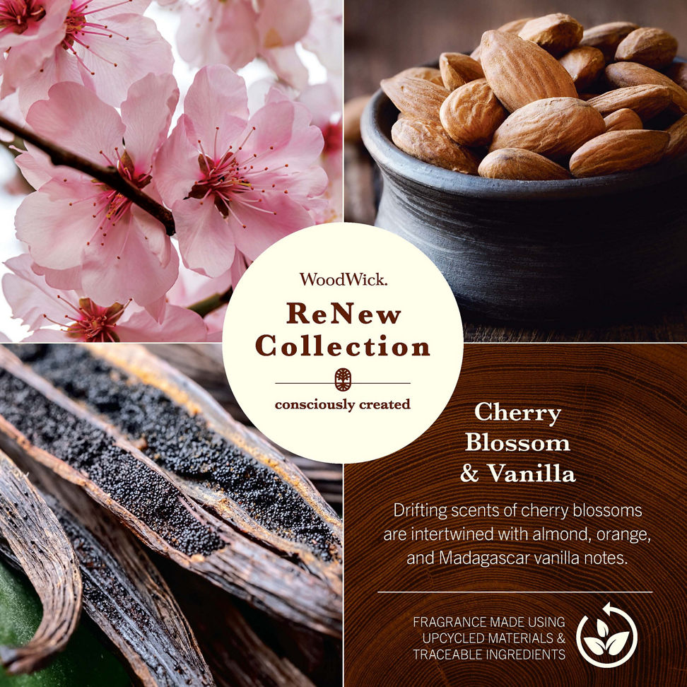 photo collage of woodwick renew collection cherry blossom and vanilla